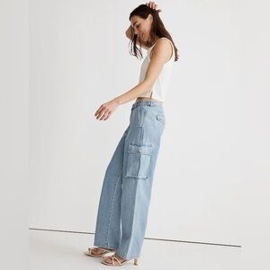 Madewell Low-Slung Baggy Straight Cargo Jeans 28 Light Blue Wash Low Rise Loose